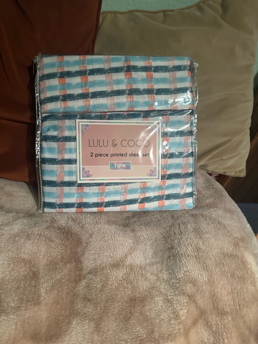 Lulu & Coco Twin 2-Piece Printed Sheet Set - Blue, Coral, White Plaid
